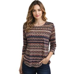 Rafeala Aztec desert stripes colorful zipper accents blouse XL 3/4 sleeves knit+